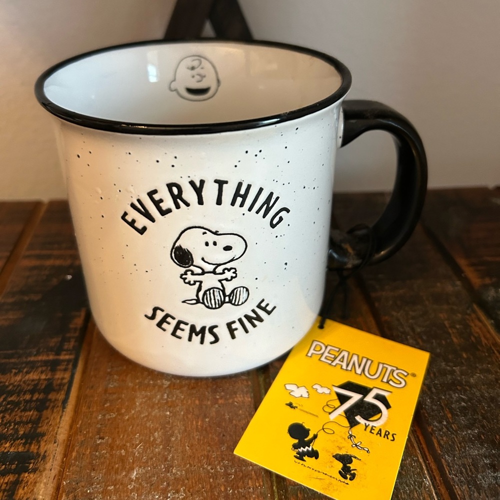 Peants Snoopy EVERYTHING SEEMS FINE Charlie Brown Balloons 75th Anniversary MUG